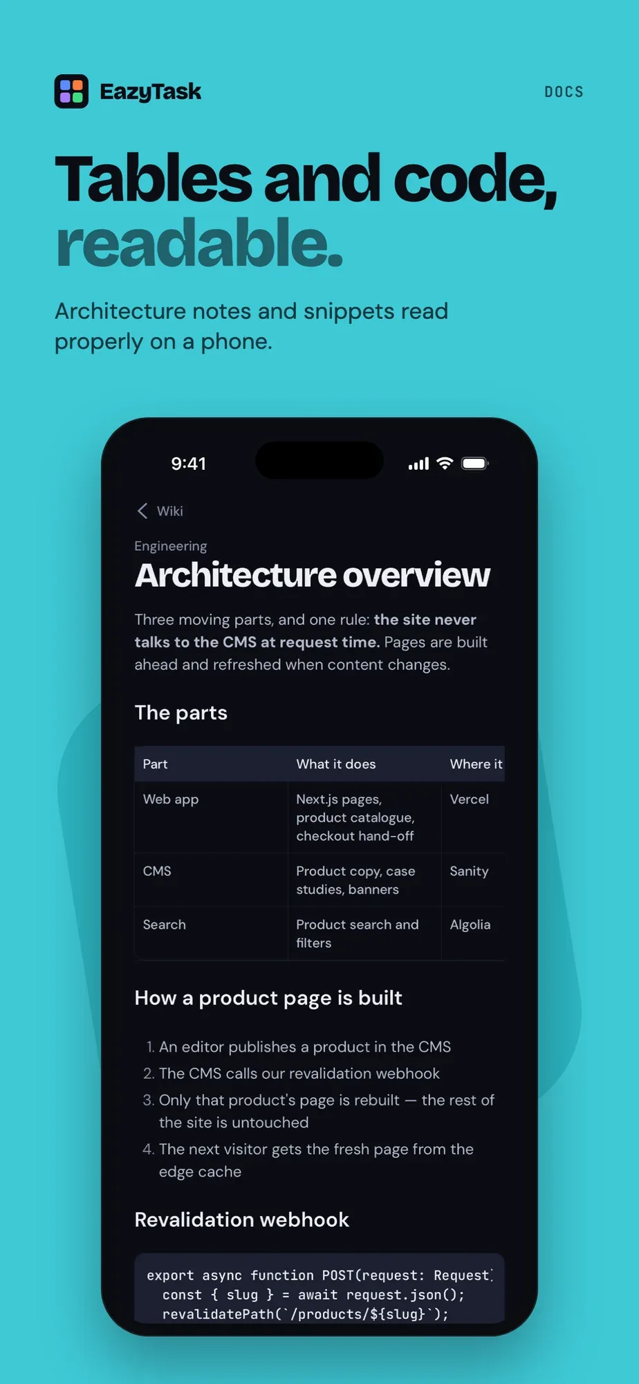 EazyTask mobile app — Tables and code, readable