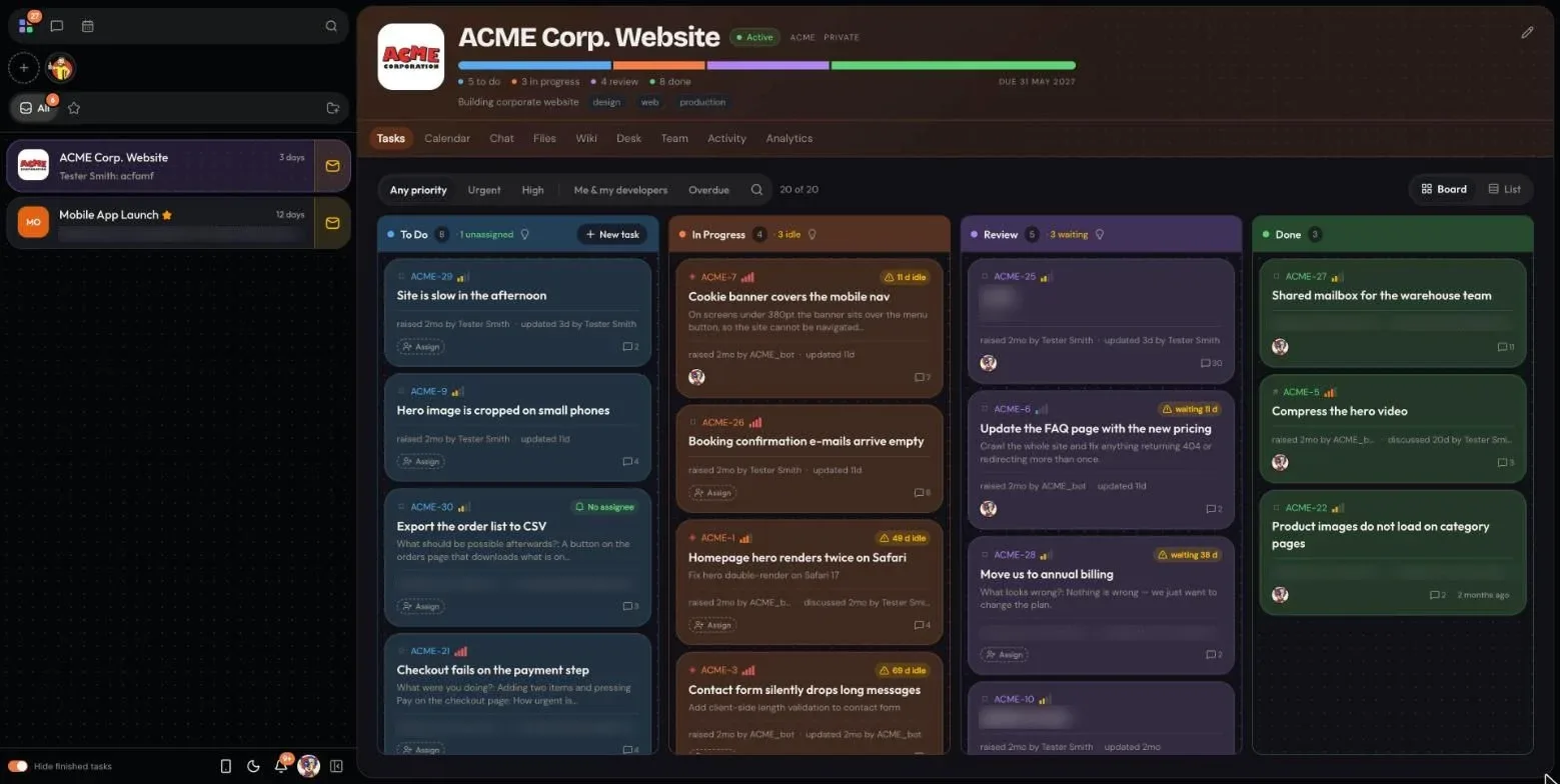 App: project board with priorities, idle and waiting flags
