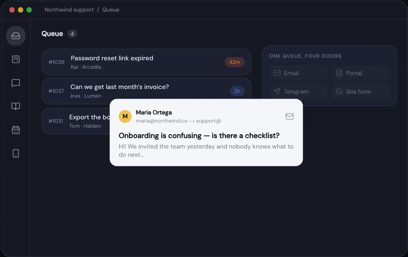Service desk queue: email, portal, Telegram and site forms in one place