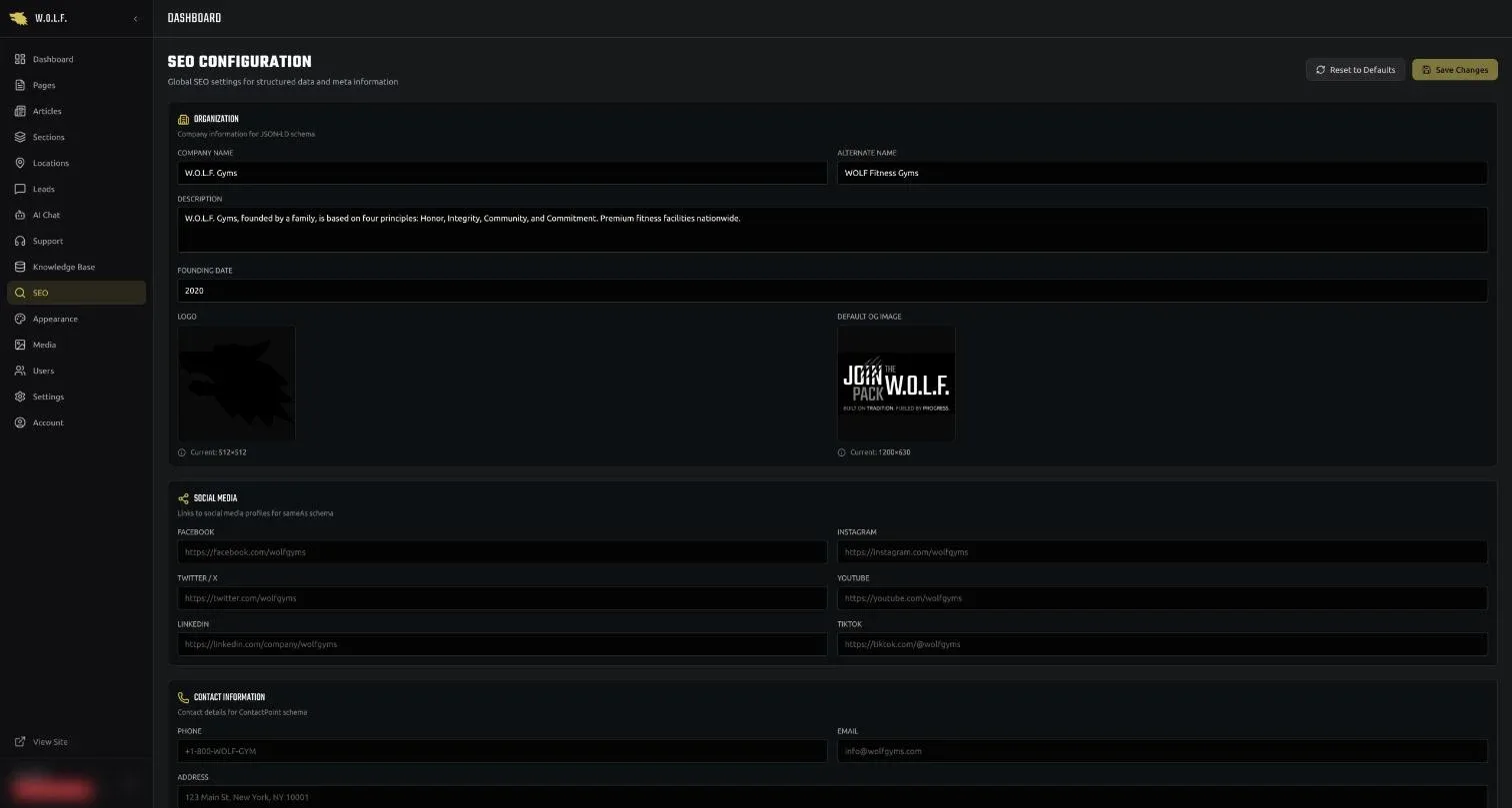 Admin: SEO and structured data settings