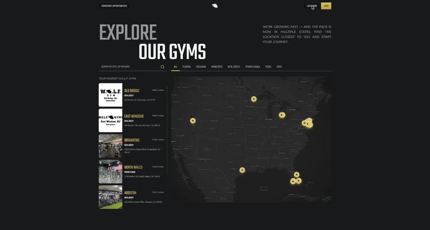 Gym locator with a map of gyms across 7 states