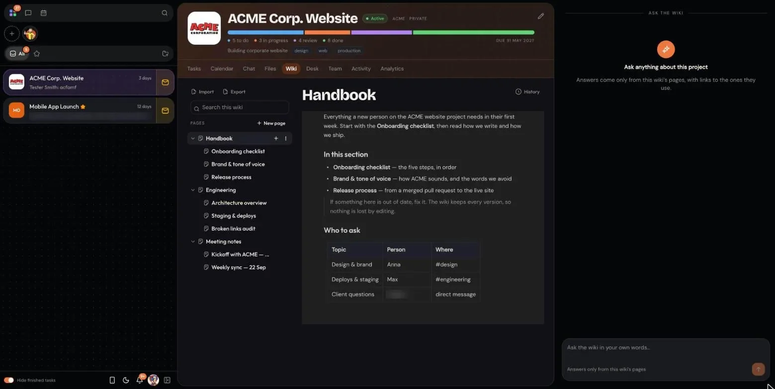 App: project wiki with page tree and Ask the wiki panel