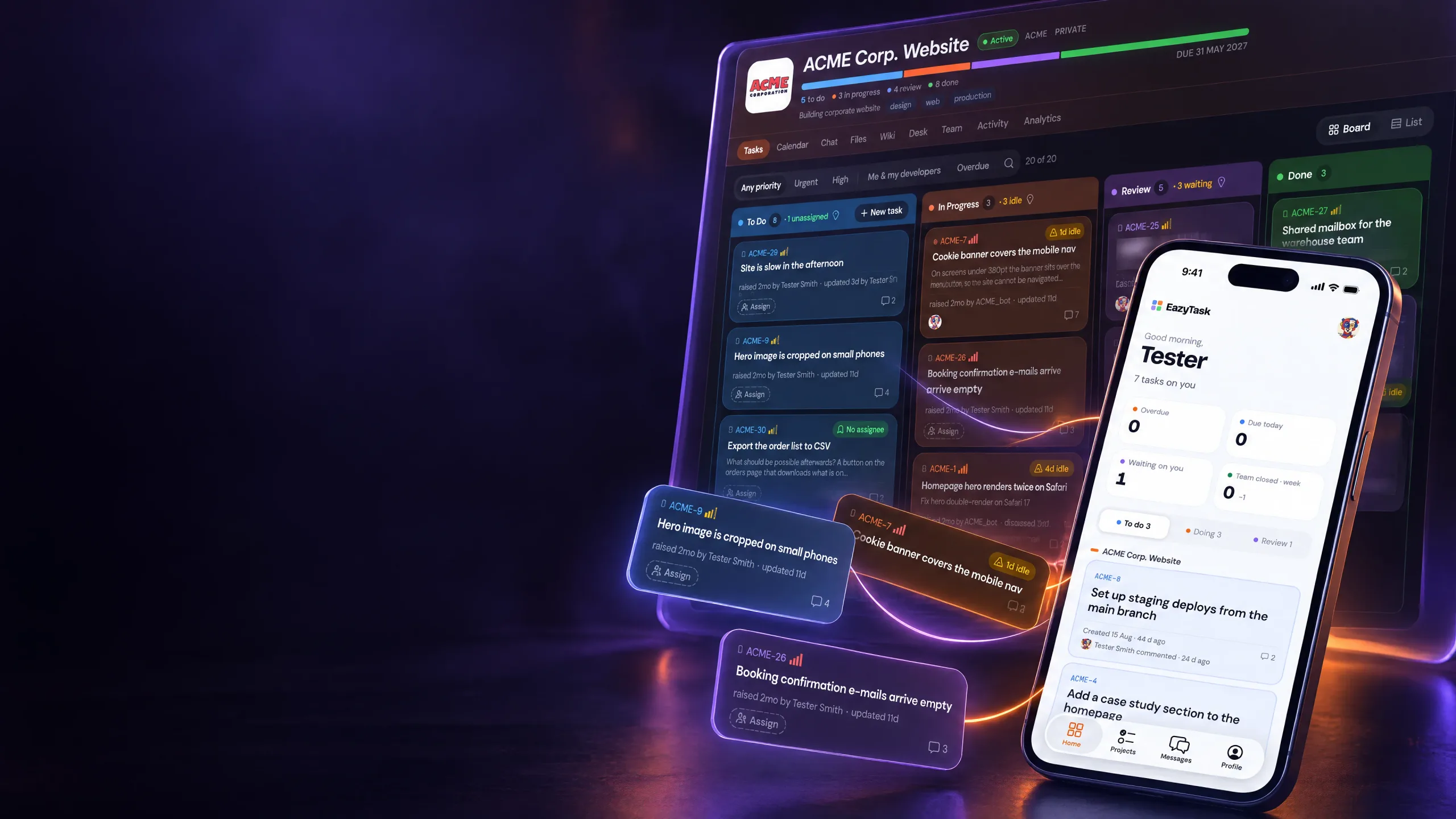 EazyTask board and mobile app with task cards lifting off the board