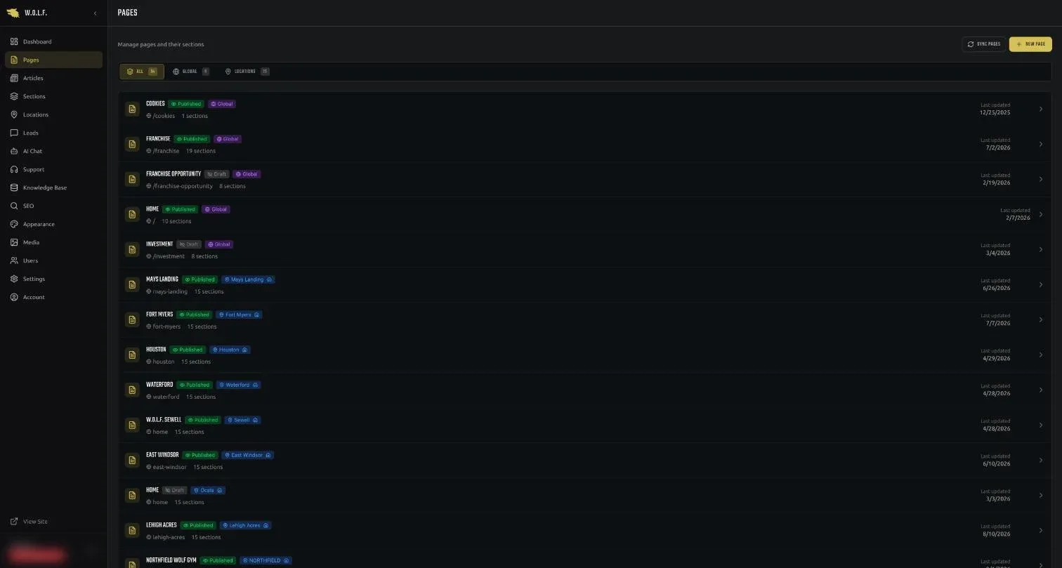 Admin: global pages and per-gym pages