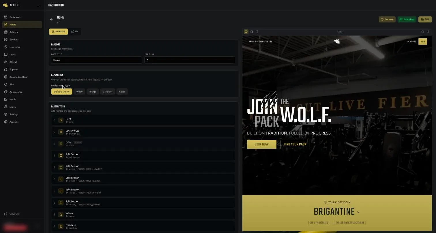 Page builder: sections on the left, live preview on the right
