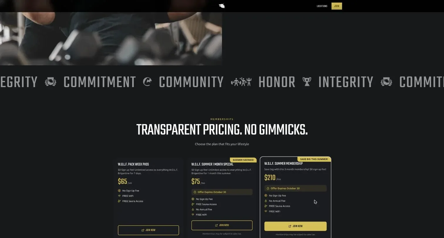 Membership plans on a gym page