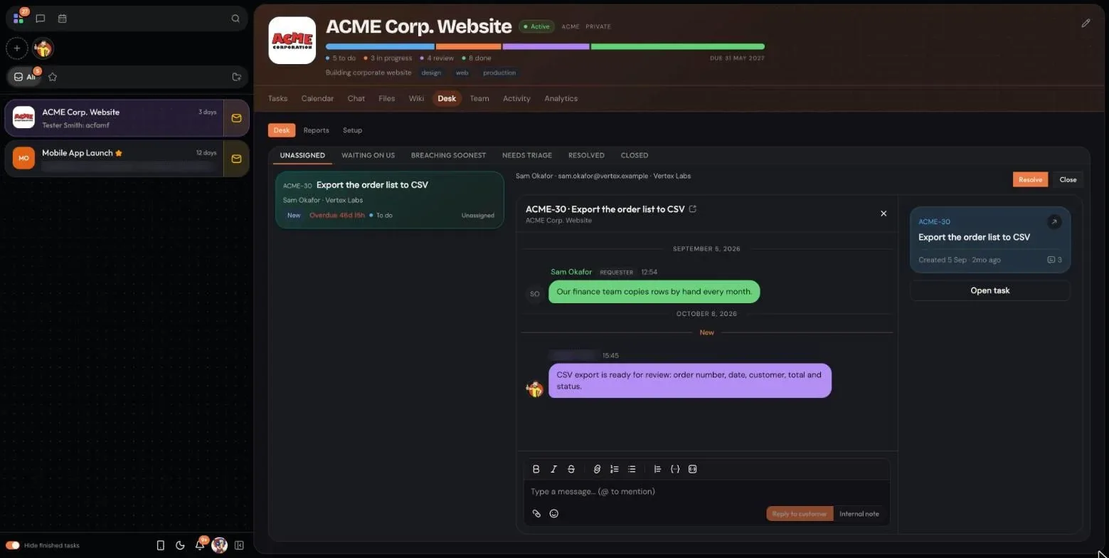 App: service desk ticket with the customer conversation and its linked task