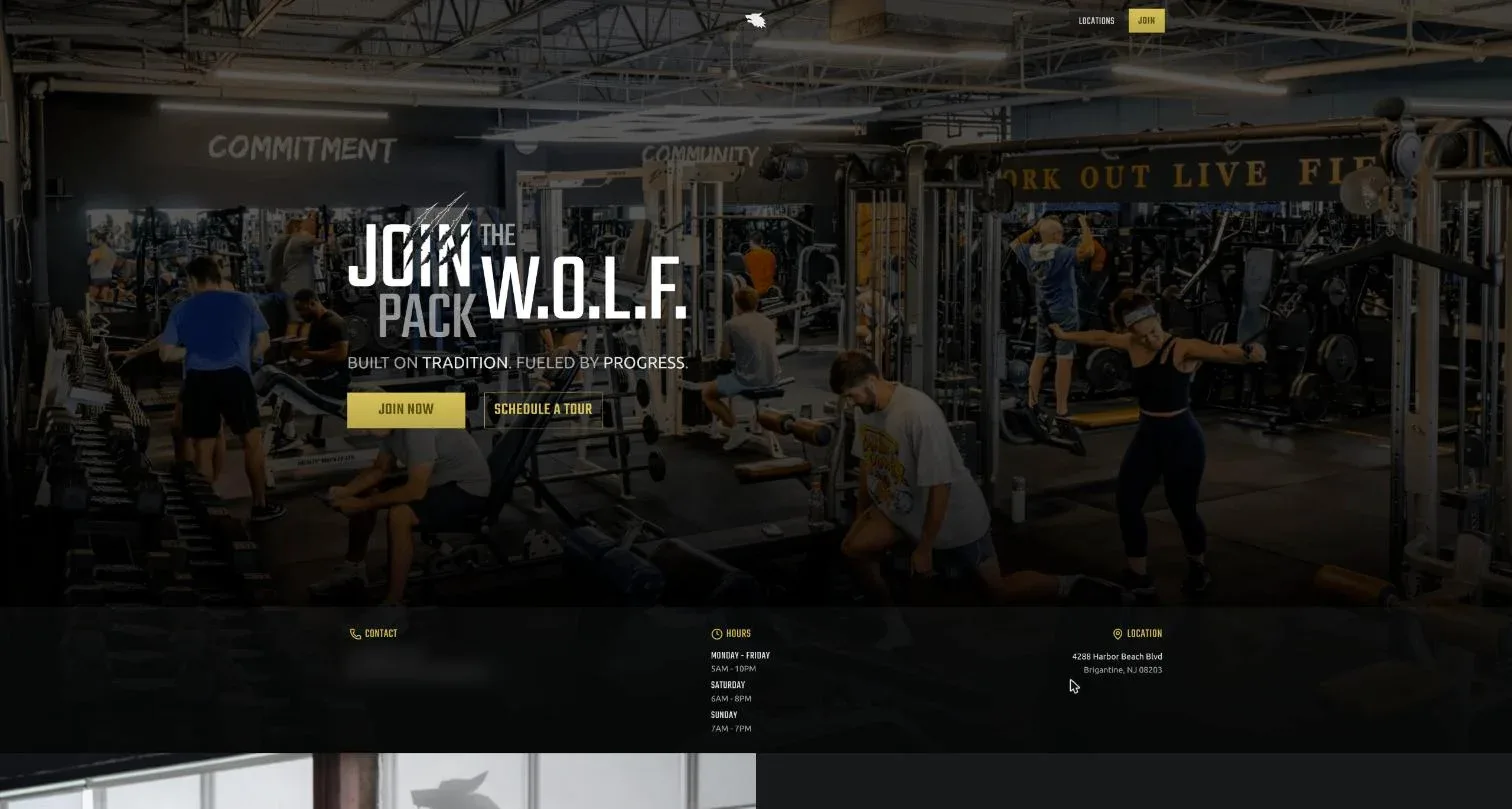 A gym mini-site with opening hours and location