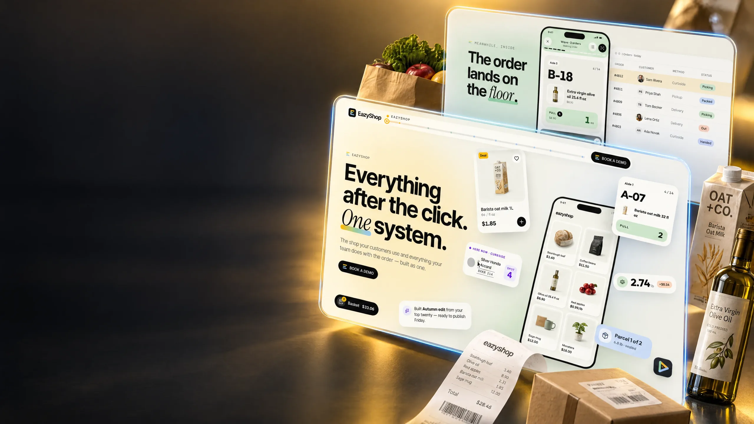 EazyShop landing and store-floor screens on glass panels with groceries