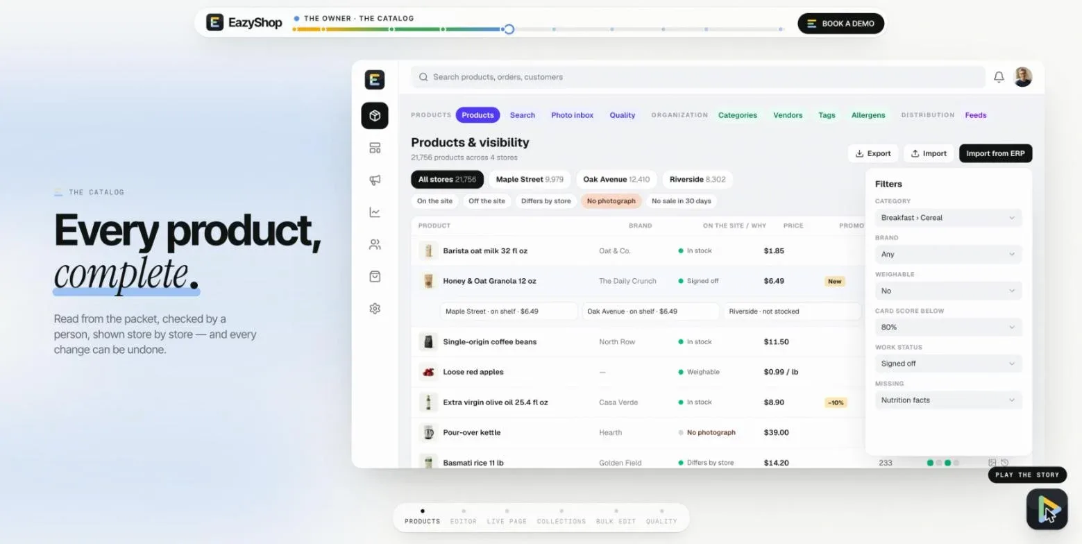 Admin catalog: products and visibility across stores with filters