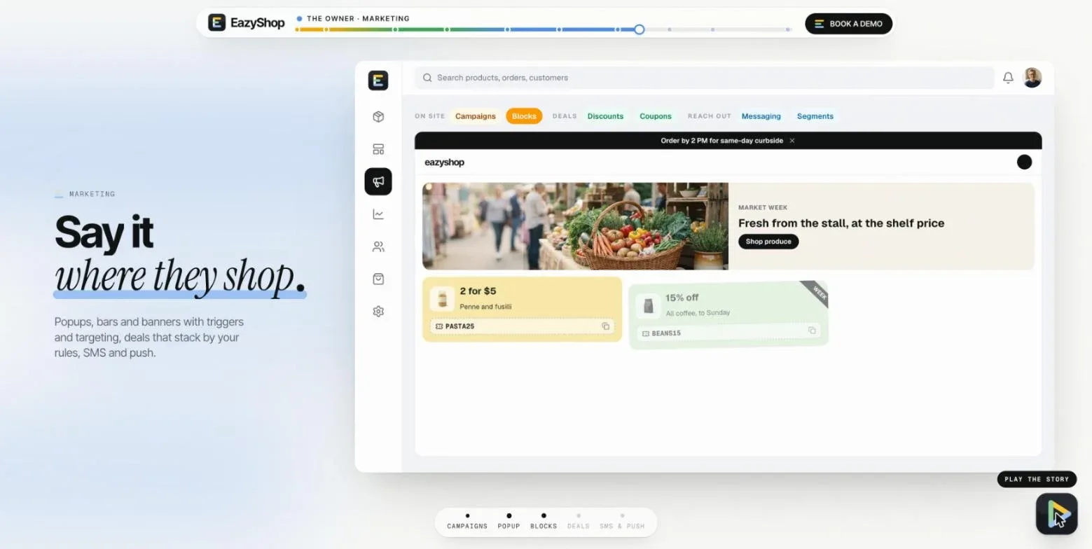 Marketing: on-site blocks, discounts and coupons