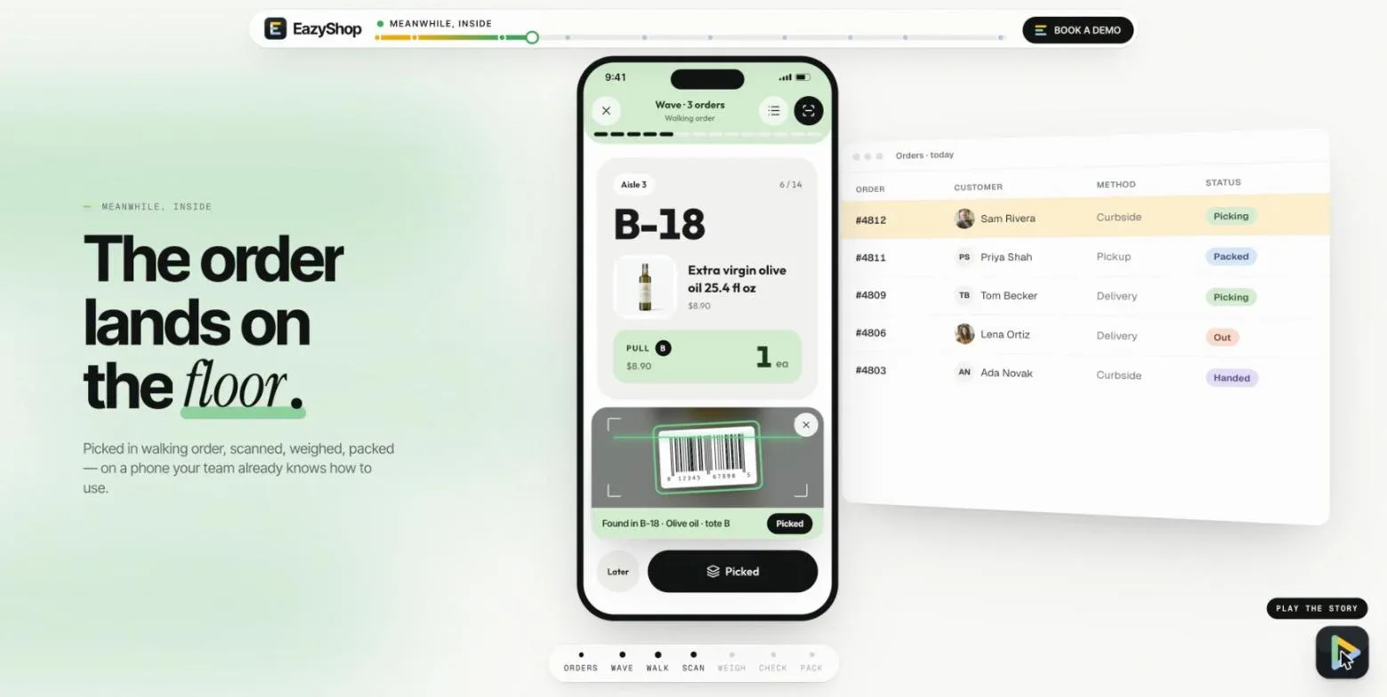Picker app: a wave of orders in walking order with barcode scan check