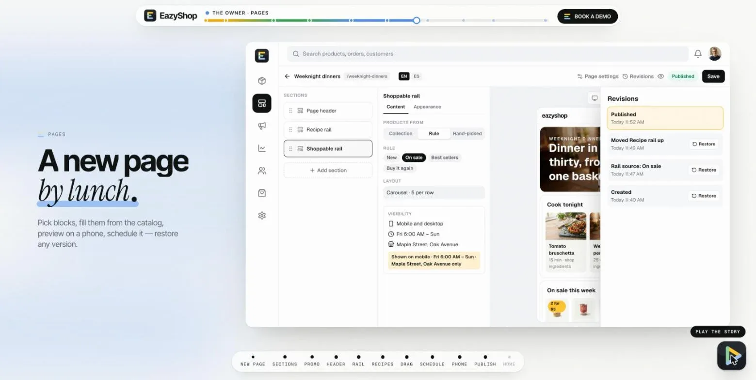 Page builder: product rail settings, scheduling per store and revisions
