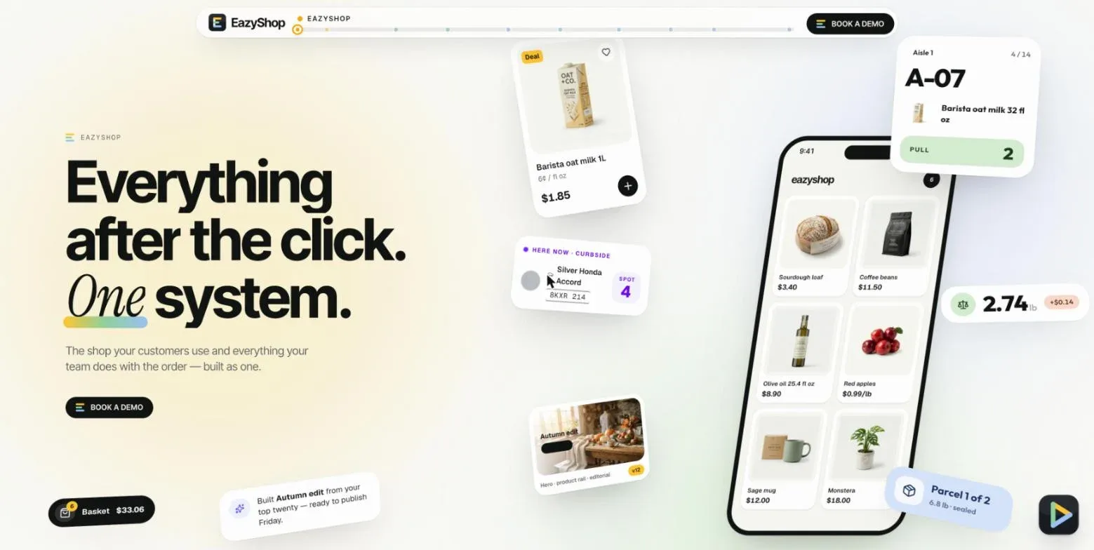 EazyShop landing page — Everything after the click. One system.